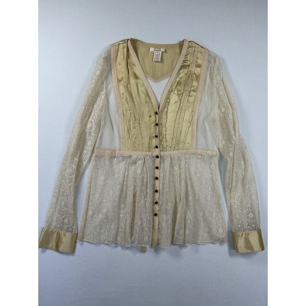 Sundance Lace Satin Lady Jane Blouse Sz 8 Cream Gold Romantic Mesh Peplum Top - Picture 13 of 14